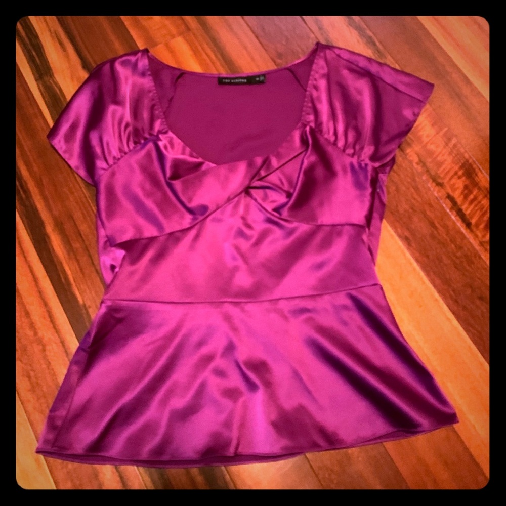 Purple satin low V-neck blouse